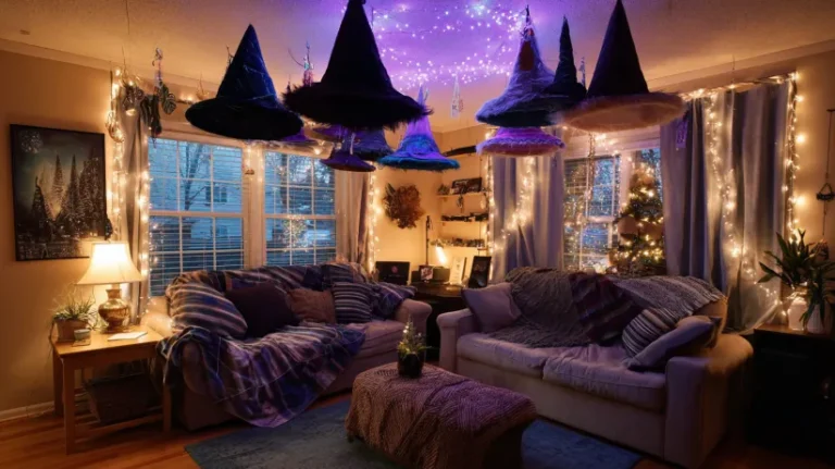 Cozy living room adorned with witch hats hanging from the ceiling, soft blankets on sofas, and warm fairy lights creating a whimsical Halloween atmosphere.
