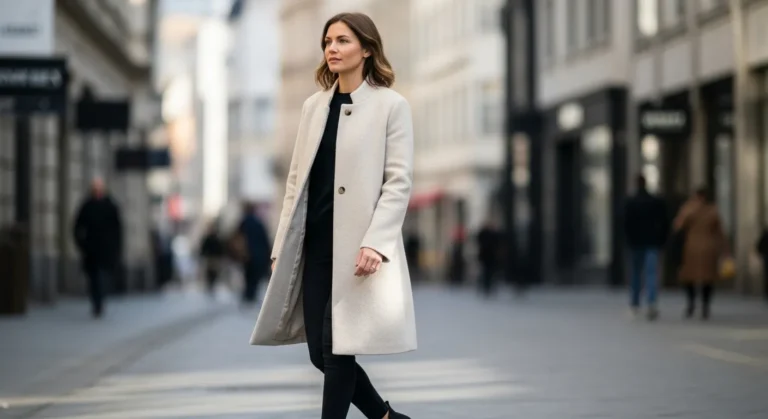 A woman walks confidently in a stylish cream coat over a black outfit, set against a bustling city street with blurred pedestrians in the background.