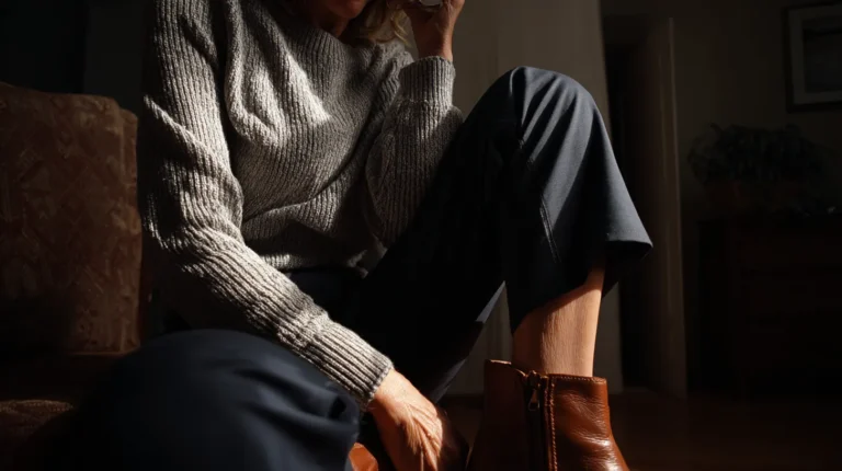 A woman sits casually, wearing a cozy gray sweater and navy trousers, showcasing stylish brown ankle boots in a softly lit, inviting indoor setting.