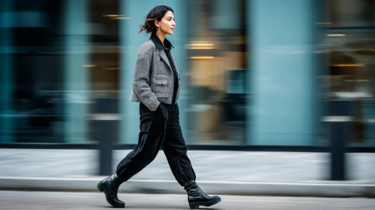 A woman walks confidently in a chic business casual outfit, featuring a textured gray blazer and black trousers, set against a modern urban backdrop.