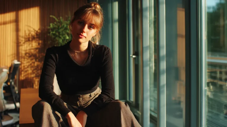 A woman in a fitted black sweater and high-waisted gray trousers sits by a large window, bathed in warm sunlight, with a relaxed expression.