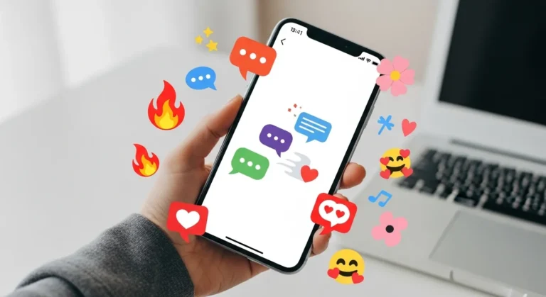A hand holds a smartphone displaying colorful chat bubbles and playful emojis, set against a blurred workspace with a laptop.