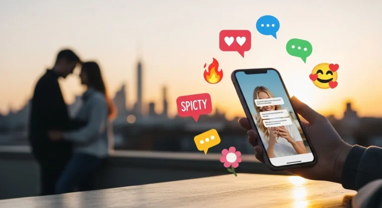 109 Provocative Lines For Him To Keep Him Wanting More A hand holds a smartphone displaying colorful chat bubbles, while a couple embraces in the background against a sunset skyline, creating a romantic vibe.