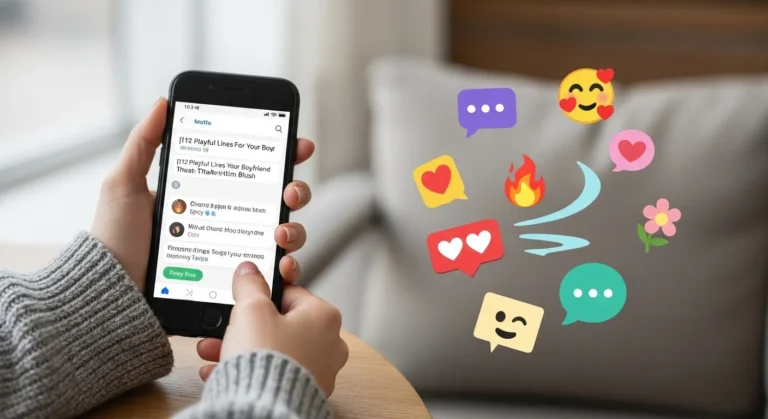 A person holds a smartphone displaying playful text lines, surrounded by colorful emoji icons, with a cozy, neutral-toned setting in the background.