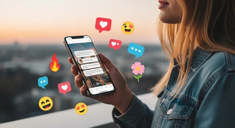 A person with long blonde hair holds a smartphone displaying chat messages, surrounded by colorful emoji graphics, against a sunset backdrop.