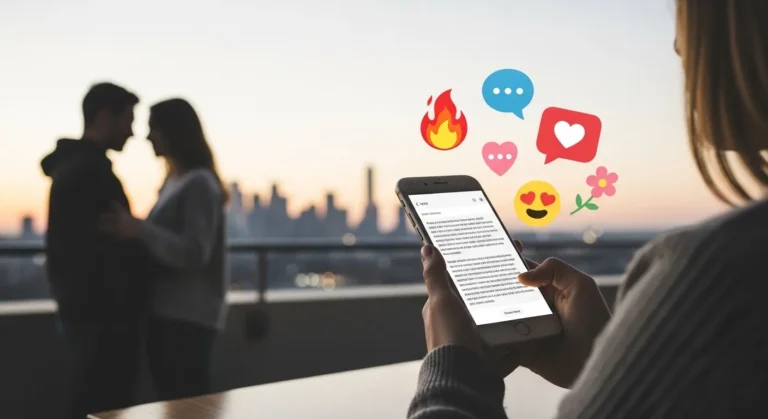 62 Cute Texts For Him That Make Him Smile Instantly A couple embraces against a sunset skyline while one person texts on a smartphone, surrounded by colorful emoji graphics representing love and affection.