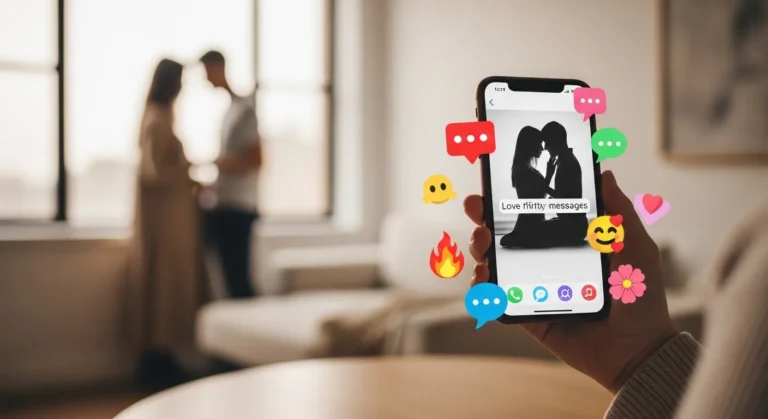 63 Playful Flirty Texts For Her For A Fun Vibe A hand holds a smartphone displaying playful flirty texts, surrounded by colorful emojis. In the background, a couple shares an intimate moment by a window.