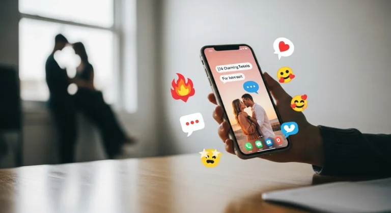A hand holds a smartphone displaying charming love texts, with colorful emojis surrounding it. In the background, a couple shares an intimate moment by a window.