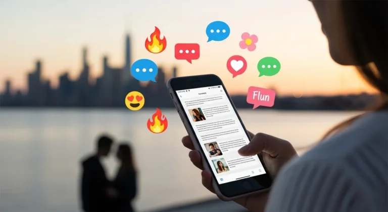 A person holds a smartphone displaying cheerful text messages, with colorful chat bubbles floating above. A sunset skyline and a couple in the background add a romantic vibe.