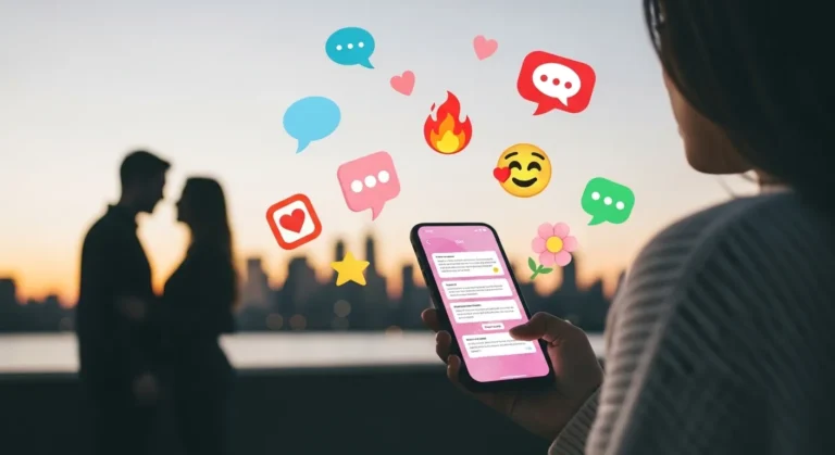 A woman holds a smartphone displaying sweet text messages, surrounded by colorful chat bubbles and emojis, with a couple silhouetted against a sunset skyline.