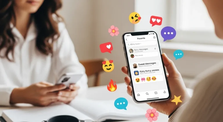A woman in a white blouse sits at a table, holding a smartphone displaying colorful chat bubbles and emojis, suggesting a lively conversation.