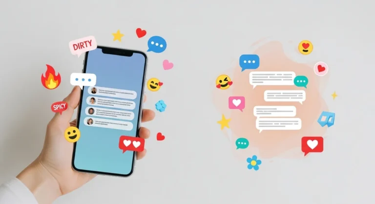 A hand holds a smartphone displaying colorful chat bubbles and emojis, set against a light background, conveying a playful and romantic vibe.