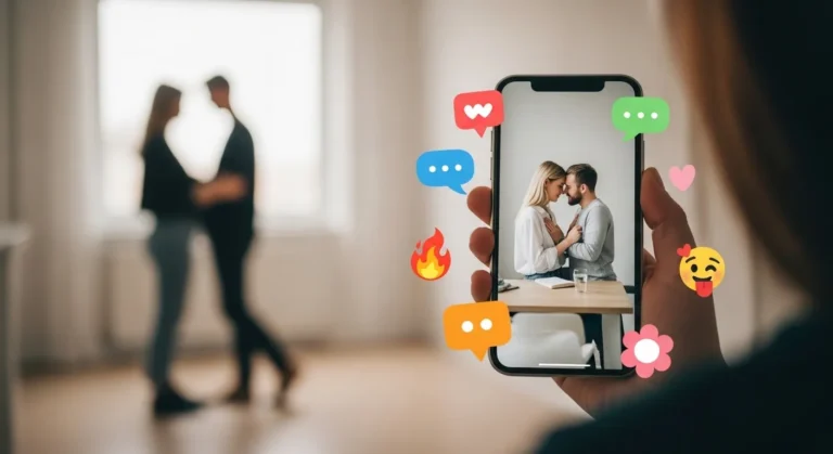 A person holds a smartphone displaying a couple embracing, surrounded by colorful chat bubbles, in a softly lit room with a blurred background.
