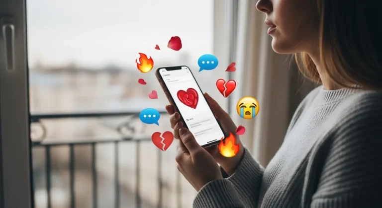 A person in a cozy gray sweater holds a smartphone, gazing thoughtfully out a window, surrounded by colorful heart and emotion emojis.
