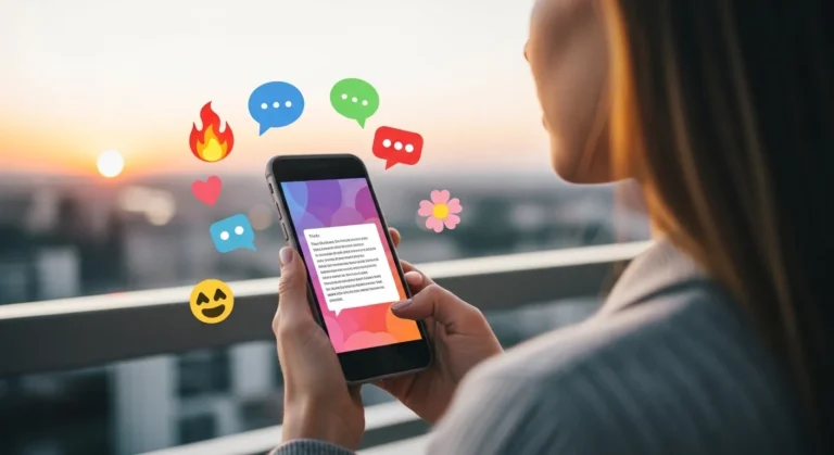 A woman holds a smartphone displaying colorful chat bubbles against a sunset backdrop, suggesting a casual, engaging conversation.