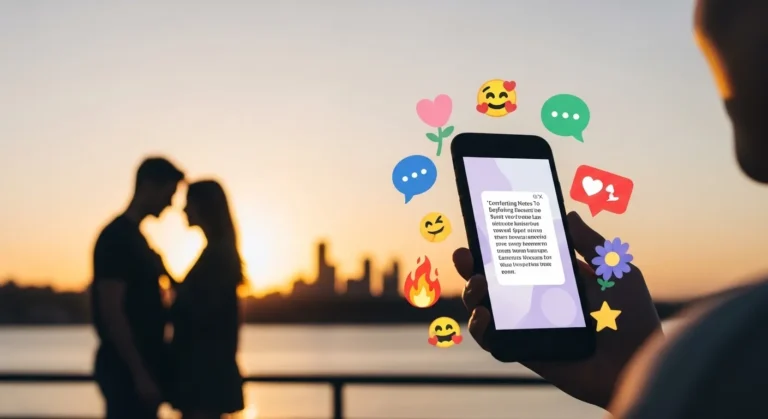 A silhouette of a couple leaning in for a kiss at sunset, with a smartphone displaying comforting notes surrounded by colorful emoji icons.
