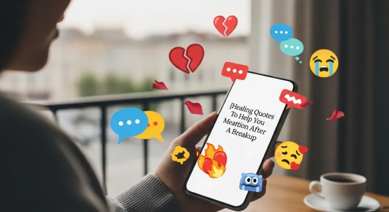 A person holds a smartphone displaying healing quotes about moving on after a breakup, surrounded by colorful emoji reactions, with a cozy café setting in the background.