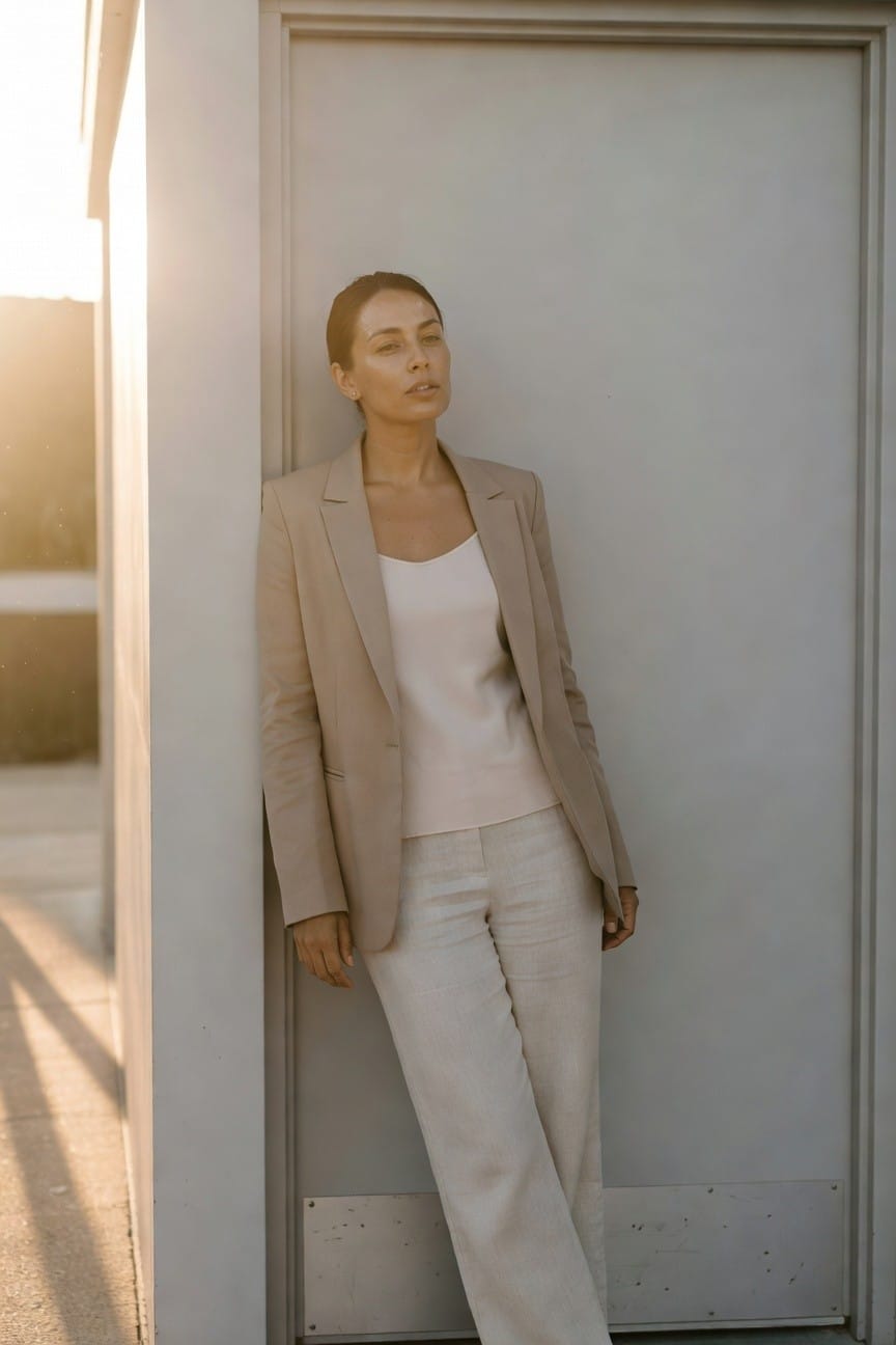 Woman leaning against a white wall in a light beige tailored blazer over a white camisole and matching wide-leg linen pants, professional summer office outfit