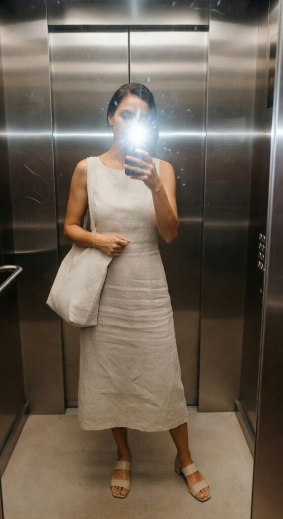 Woman taking elevator selfie in sleeveless off-white linen shift dress with subtle texture, cream canvas tote bag over arm, tan strappy flat sandals, neutral toned outfit for summer work