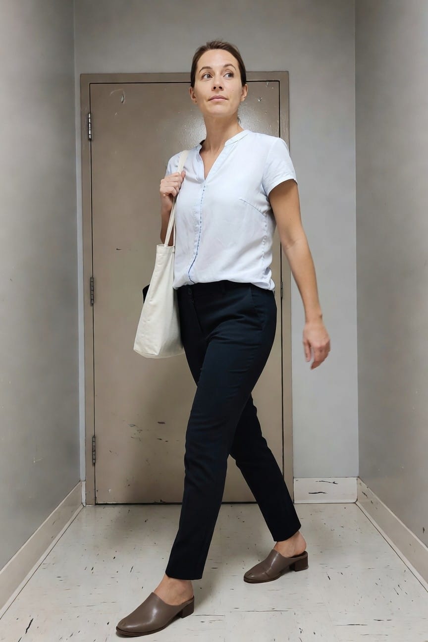 Woman in a pale blue short-sleeve collared blouse, navy straight-leg trousers, brown leather open-back mules, and white canvas tote bag, walking in a plain hallway and glancing upward