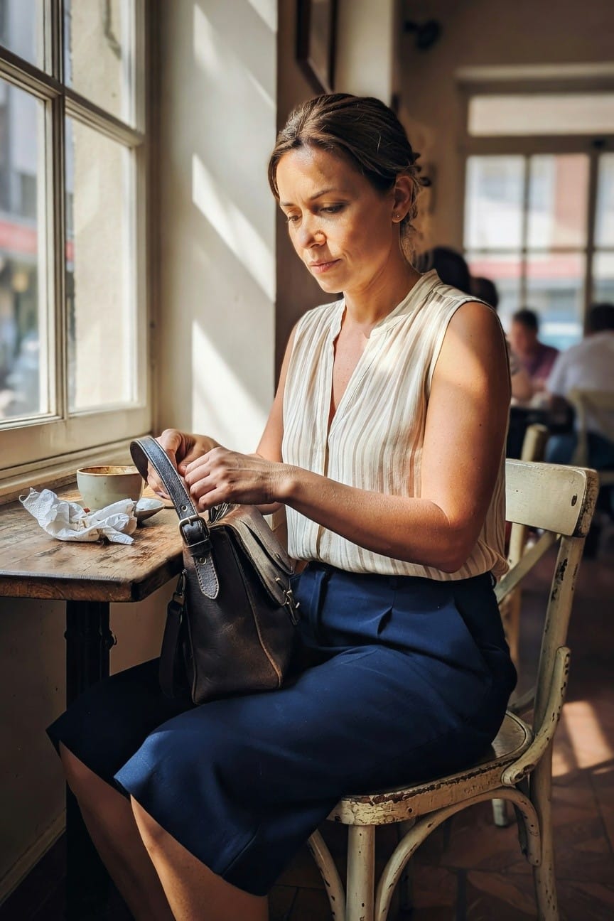Woman in cream sleeveless striped blouse, navy blue knee-length skirt, and brown leather shoulder bag, seated and adjusting bag strap at wooden table