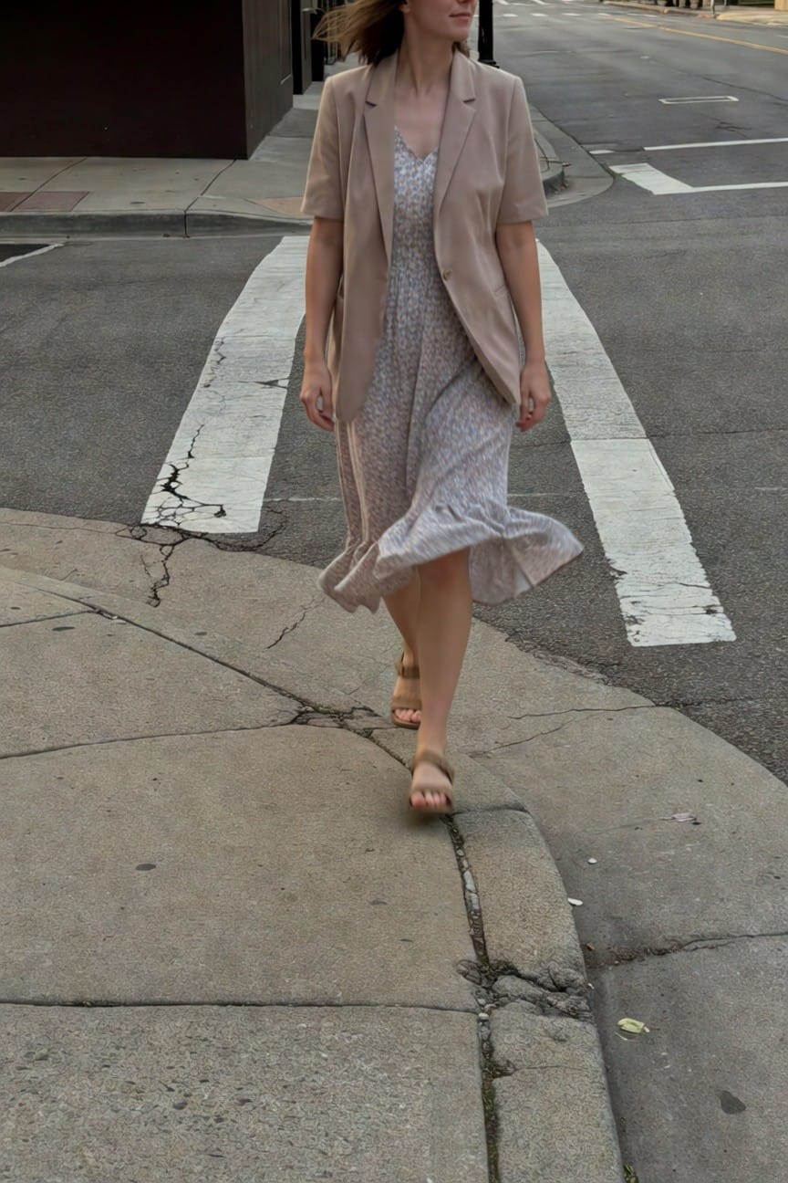 Woman crossing street at crosswalk in tan short-sleeve blazer over light patterned flowy midi dress and tan strap sandals