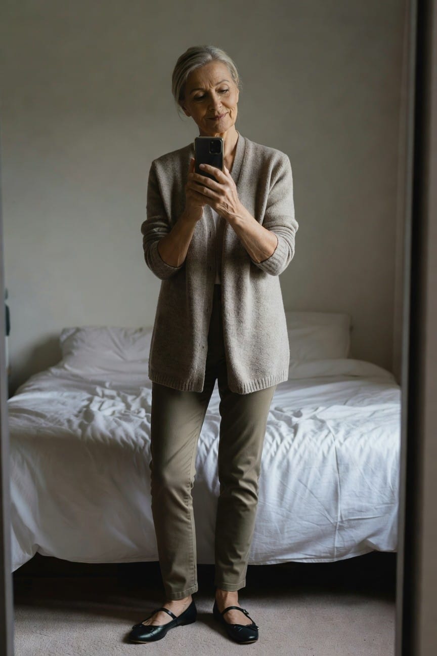 Silver-haired woman in her 50s standing in front of a mirror, wearing an open beige knit cardigan over a white top, khaki trousers, and black mary jane flats with ankle straps, holding her phone for a selfie in a bedroom setting