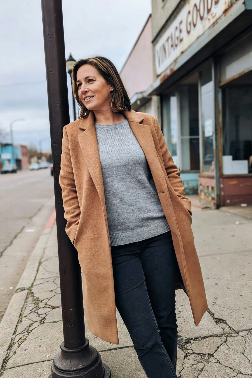 Woman in her 40s leaning against a metal street lamp post, smiling slightly at the camera while wearing an open camel-colored long wool coat over a gray knit sweater tucked into slim dark blue jeans, urban sidewalk background