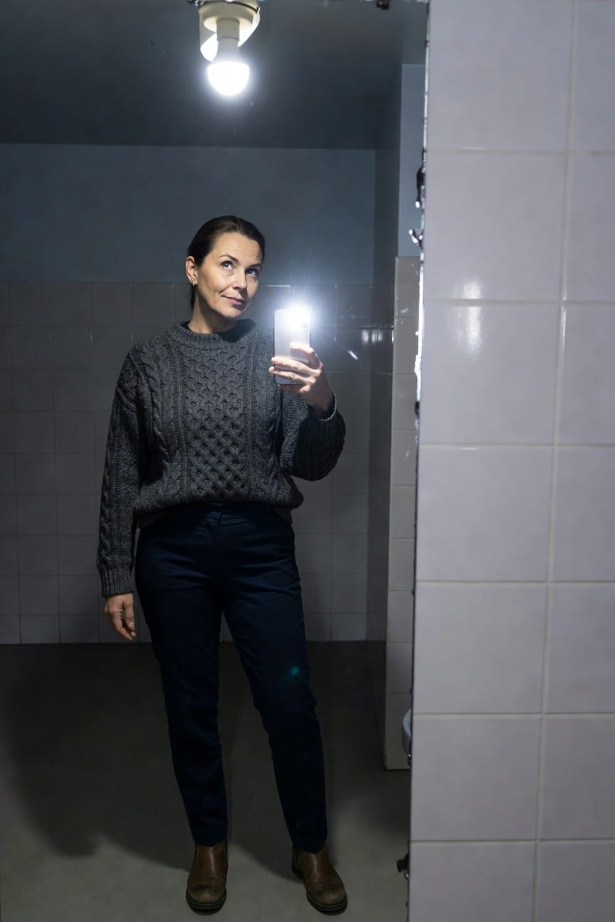 Woman taking mirror selfie in gray oversized cable knit sweater, navy straight-leg trousers, and tan leather ankle boots, standing in tiled bathroom with fluorescent light