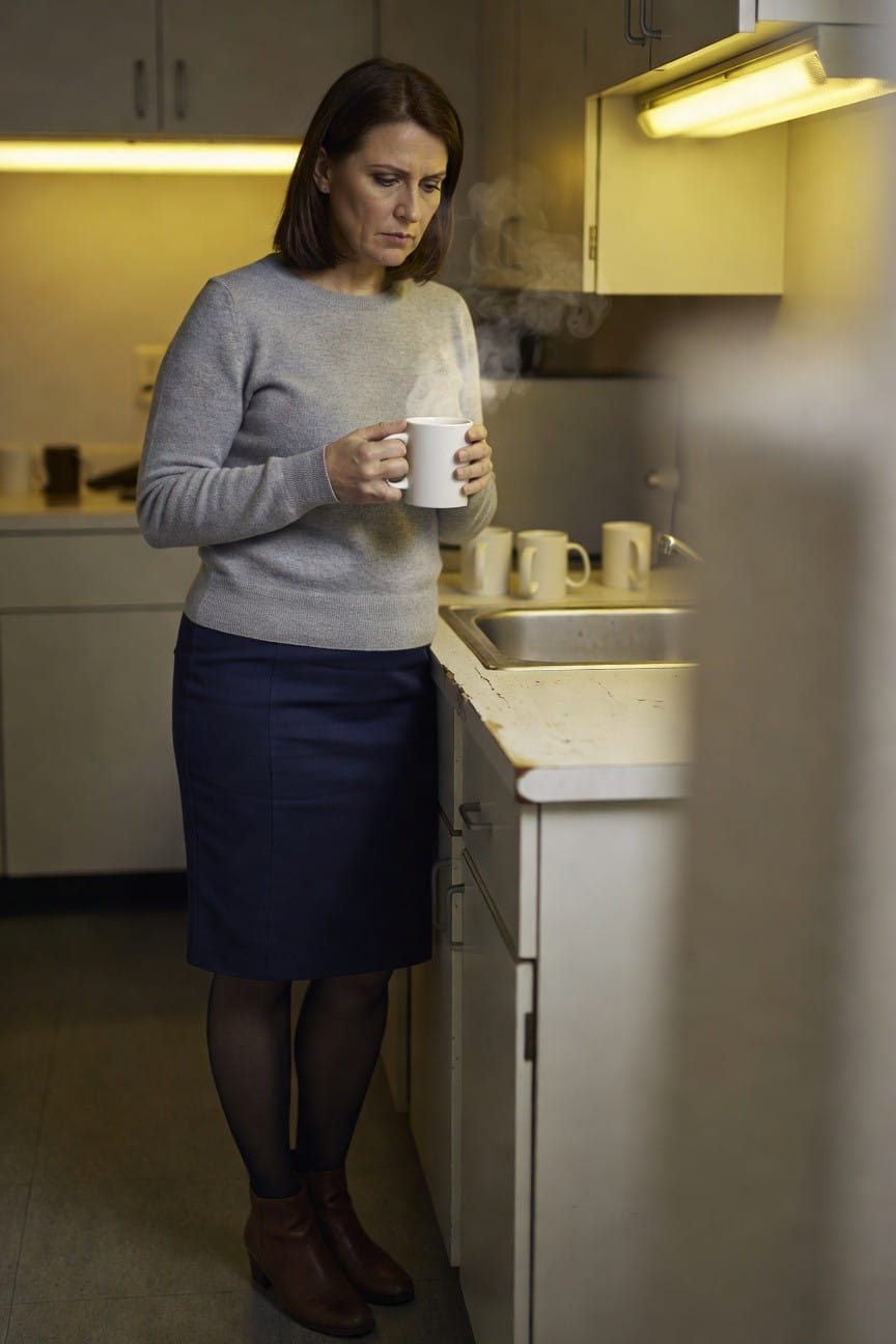 Woman standing in kitchen wearing gray knit sweater, navy knee-length skirt, black nylons, and brown leather ankle boots, holding steaming white mug