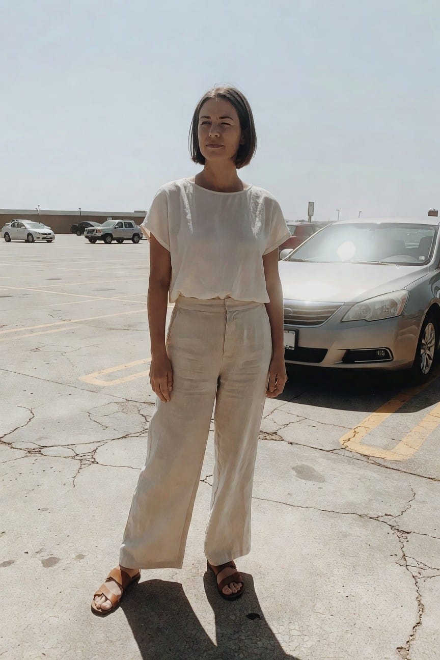 Woman in sheer white short-sleeve blouse tucked into high-waisted beige wide-leg linen pants and tan strappy flat sandals, standing casually with hands at sides