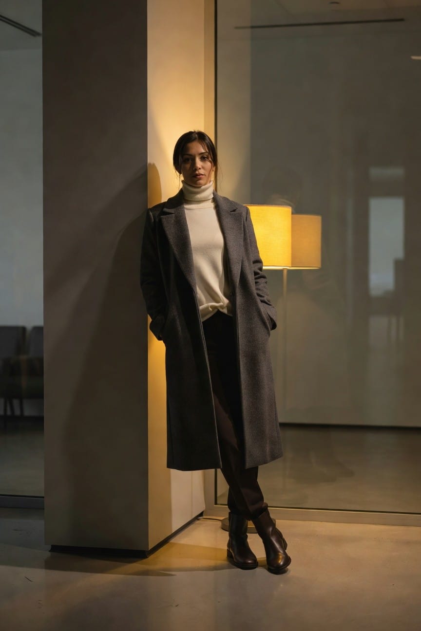 Woman leaning against a wall in a long open charcoal gray coat over a white turtleneck sweater, paired with wide brown trousers and brown leather ankle boots, in a modern office setting