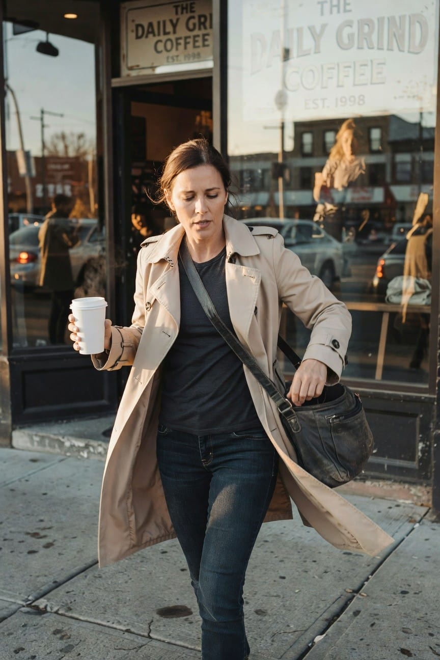 Woman in open beige trench coat over gray t-shirt and dark jeans, holding white to-go coffee cup in one hand and dark leather messenger bag slung over shoulder, walking purposefully on urban sidewalk