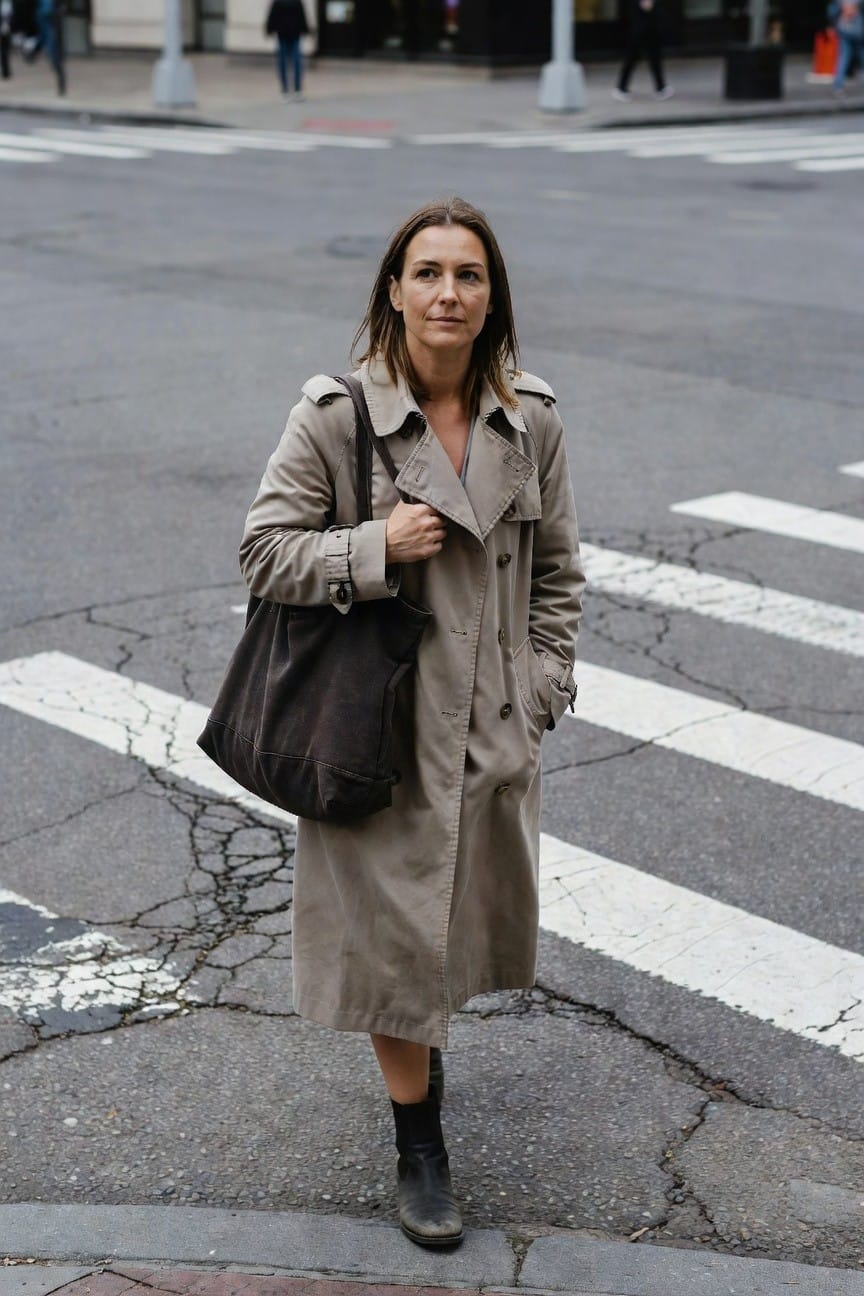 Woman standing at urban crosswalk in open beige knee-length trench coat over matching beige skirt, pale top underneath, holding brown tote bag, wearing black ankle boots, neutral polished work outfit