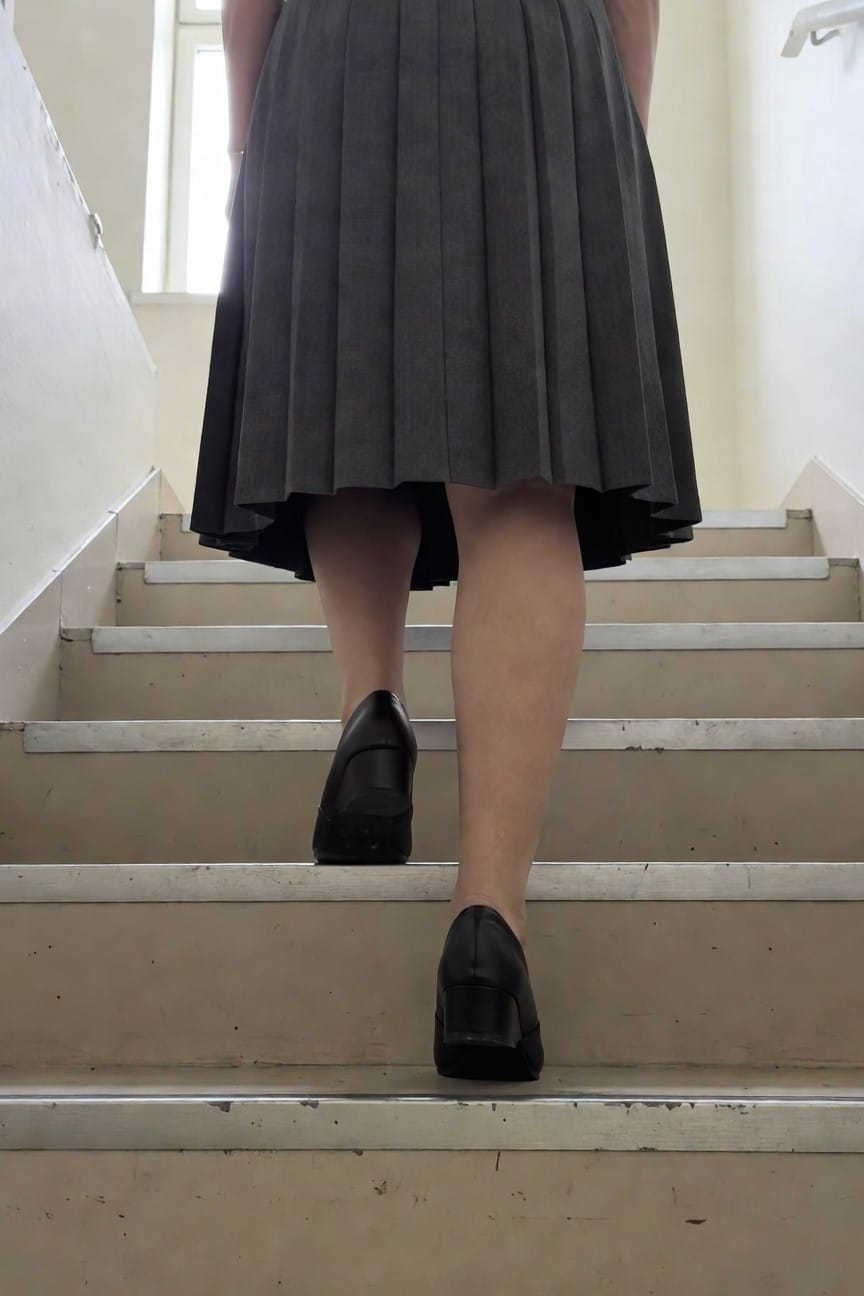 Rear view of a woman ascending stairs in a gray pleated skirt, bare legs, and black platform loafers, emphasizing the outfit's polished work style