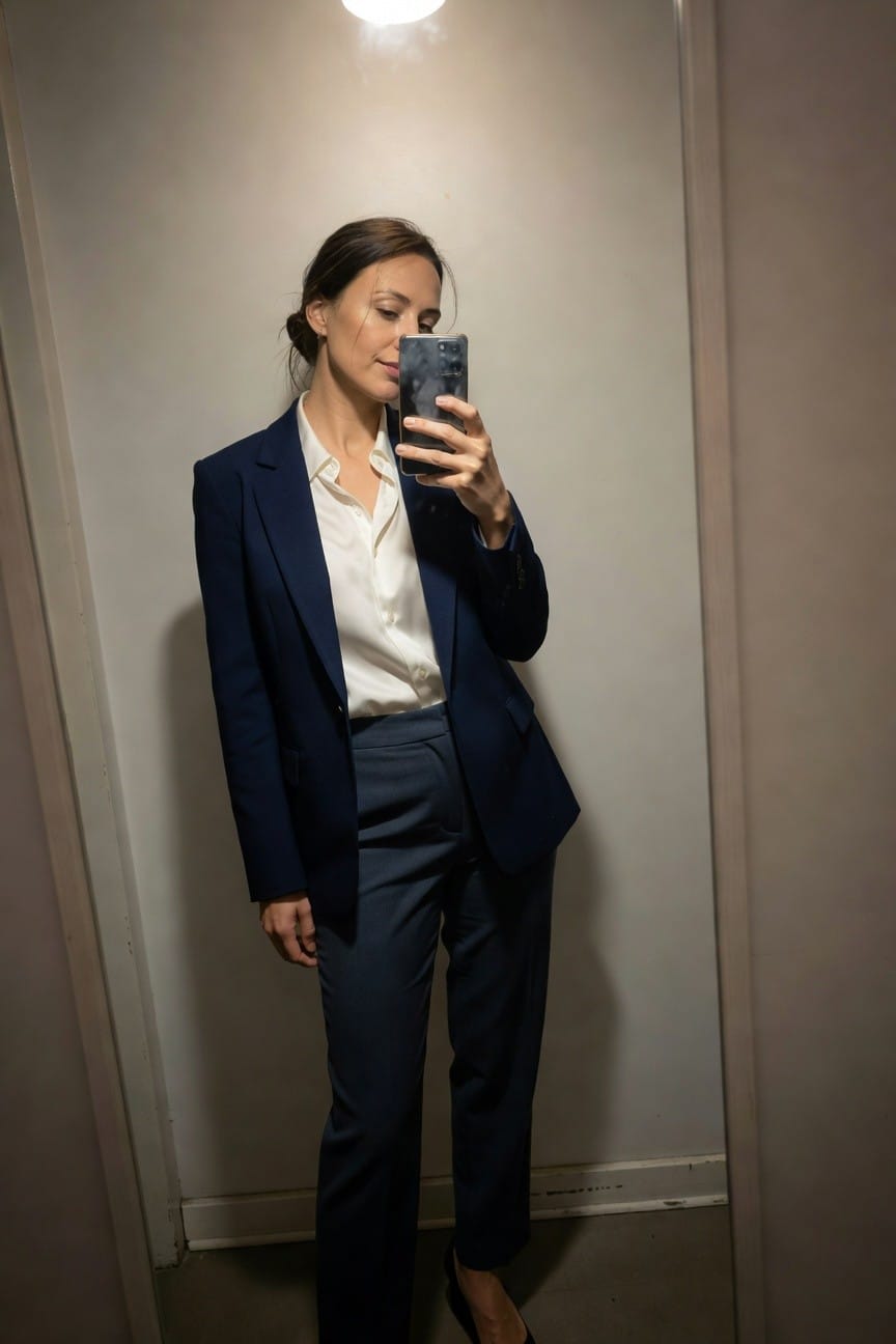 Woman taking a mirror selfie in a tailored navy blazer suit with white blouse, black heels, in a white-walled room