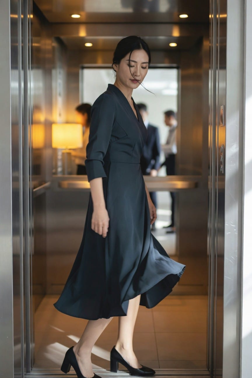 A professional woman in a dark navy wrap midi dress with elbow-length sleeves and black chunky-heel pumps strides out of a modern office elevator, dress flowing slightly at the hem.