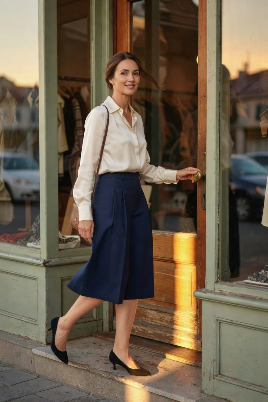 Woman in white silk long-sleeve blouse, navy pleated midi skirt, brown leather crossbody bag, and black kitten heel pumps, stepping out of a shop door