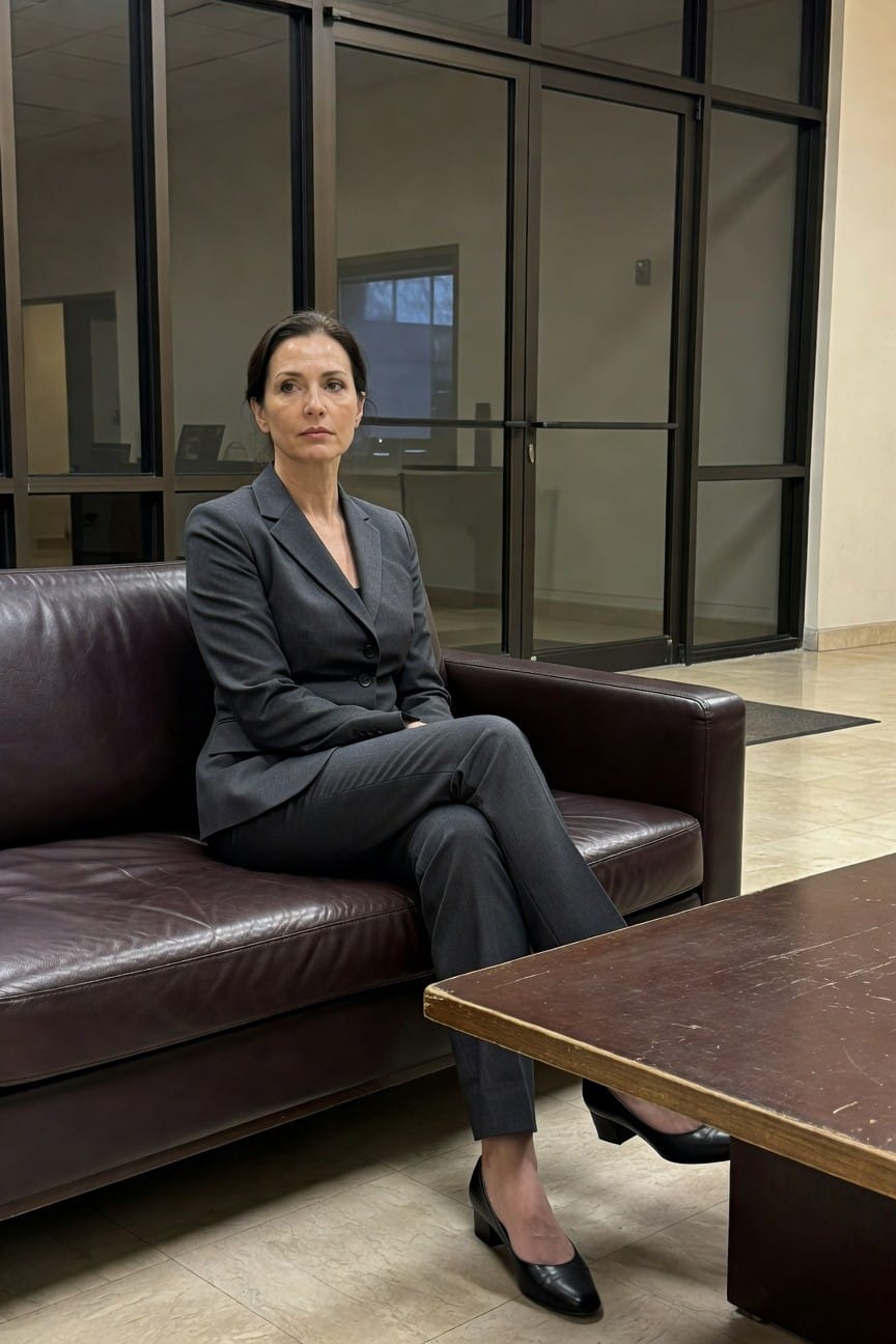 Professional woman in her 40s with dark hair wearing a charcoal gray tailored pantsuit jacket and matching slim pants, seated on a brown leather couch with legs crossed, black pointed-toe pumps on feet, in a modern office lobby with glass doors and tile floor