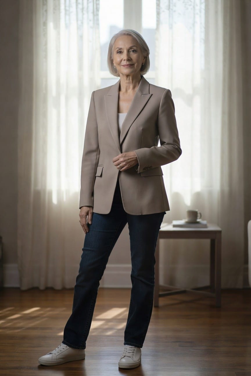 Silver-haired woman in her 50s standing confidently in a beige tailored blazer over white top, blue straight-leg jeans, and white sneakers, hand in blazer pocket