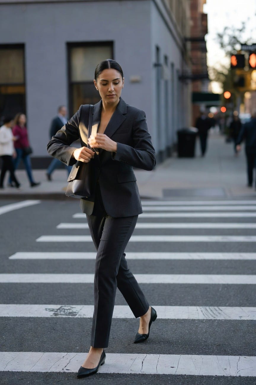 Woman in tailored charcoal blazer and matching trousers with black heels and bag, walking across a zebra crossing in a city street