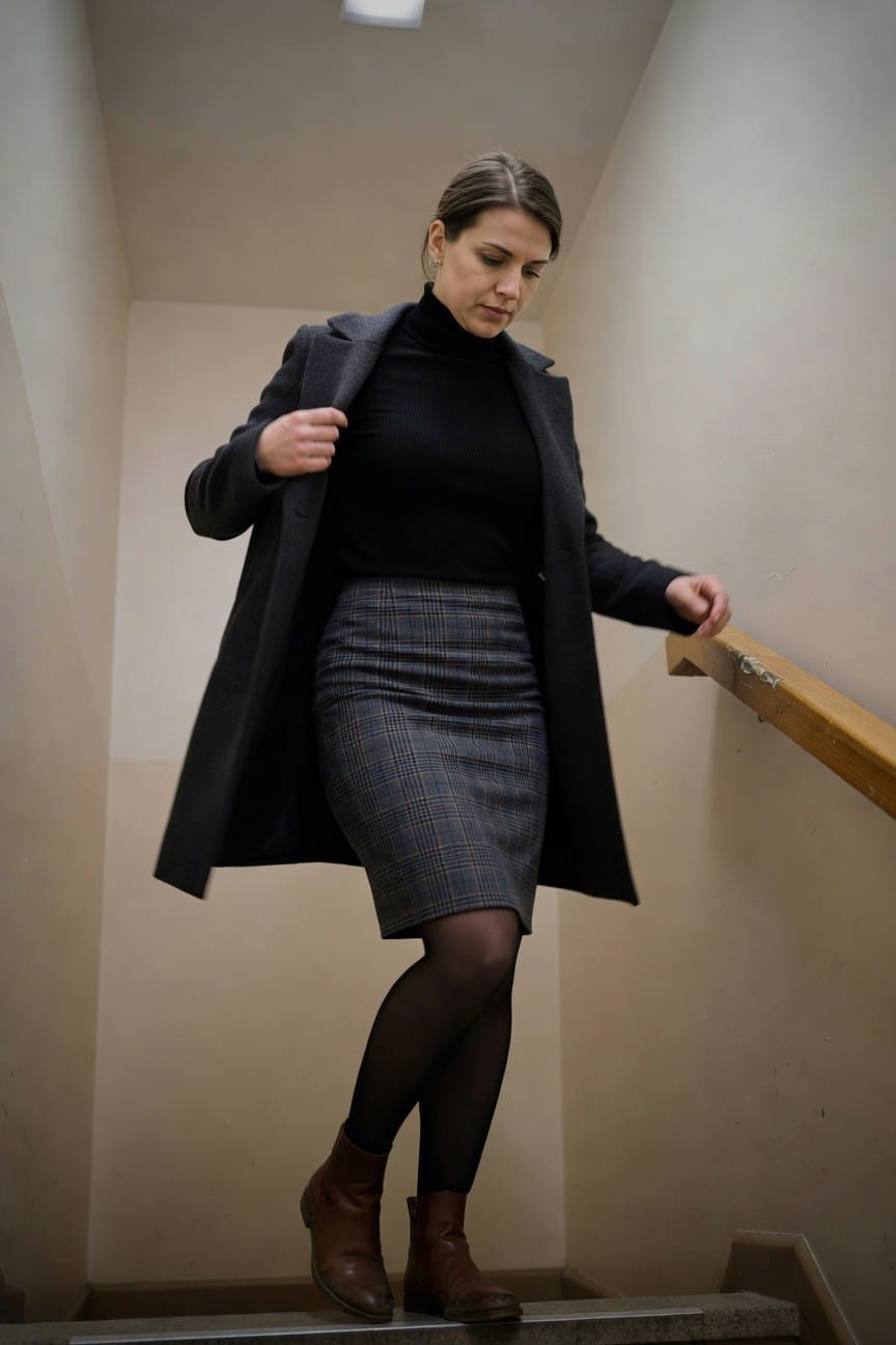 Woman descending stairs in open long charcoal gray wool coat over black turtleneck, gray plaid knee-length skirt, black tights, and brown leather ankle boots, professional interview attire