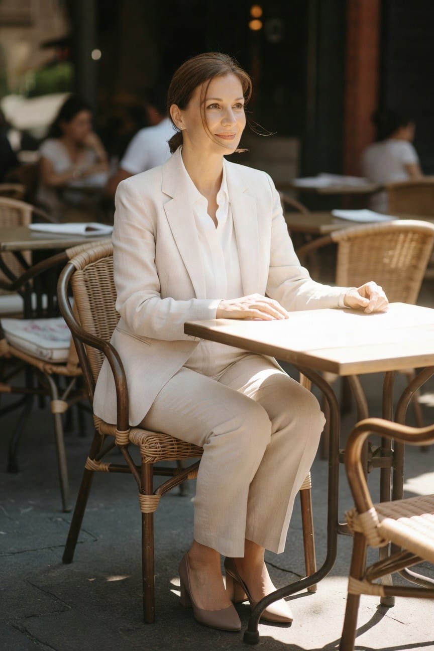 Woman seated at a table in a cream blazer, matching trousers, white blouse, and nude heels, hands folded on the table, poised professional style