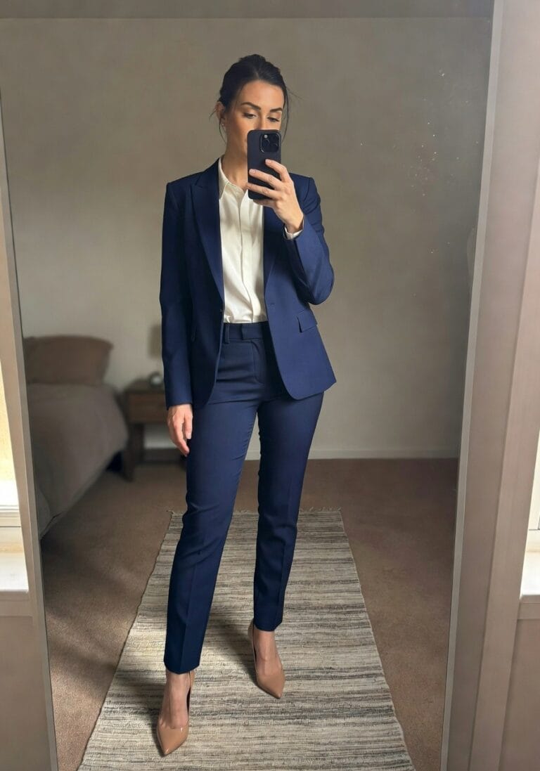 Woman in tailored navy pantsuit with white blouse and nude heels, standing in front of mirror holding phone, professional interview outfit inspiration