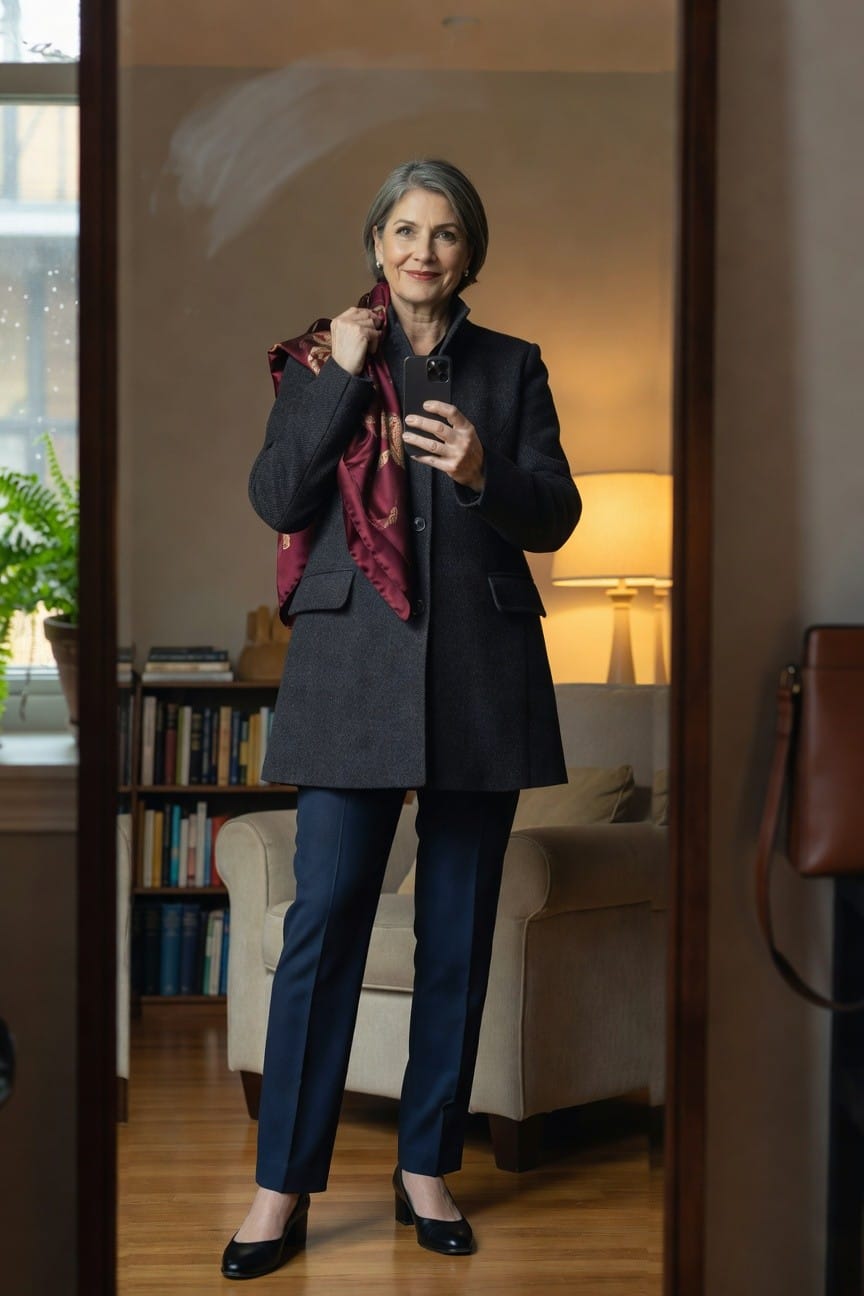 Silver-haired woman in her 50s standing in front of a mirror, wearing a charcoal gray wool coat draped with a deep red silk scarf, navy trousers, and black low-heel pumps, holding a phone selfie-style in a cozy living room setting