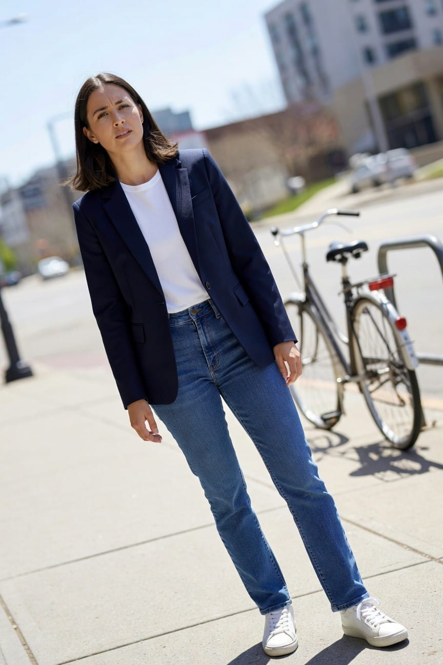 Woman standing on urban sidewalk in navy tailored blazer over white t-shirt, high-waisted straight blue jeans, and white sneakers, hands in relaxed pose by a bike rack