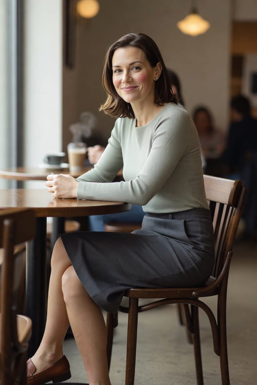 Woman seated at a wooden cafe table in a light sage green ribbed long-sleeve crewneck sweater, charcoal grey knee-length skirt with hip pockets, and brown leather loafers, hands clasped, smiling softly with coffee cups nearby