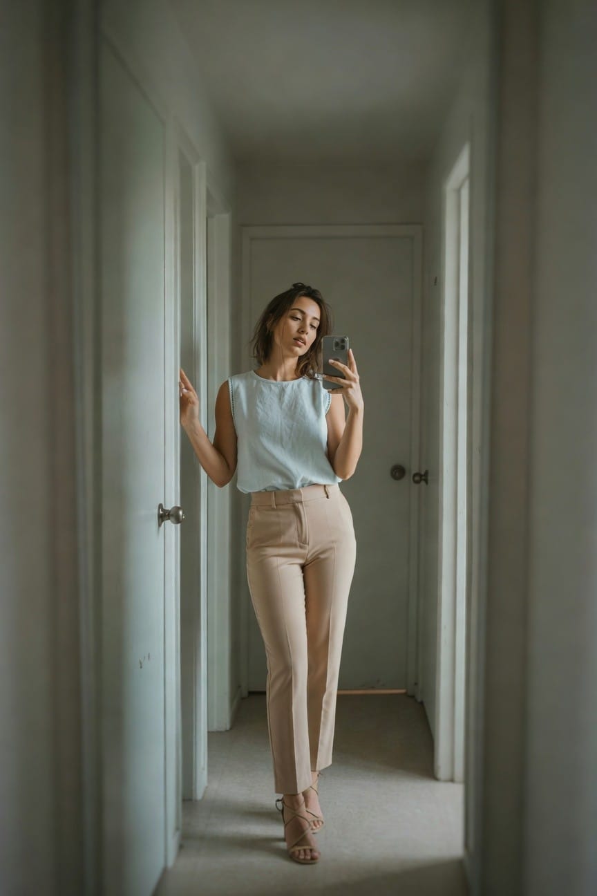 Woman in a light blue sleeveless blouse and high-waisted beige trousers posing in a hallway, holding a phone for a selfie, wearing strappy nude high heels
