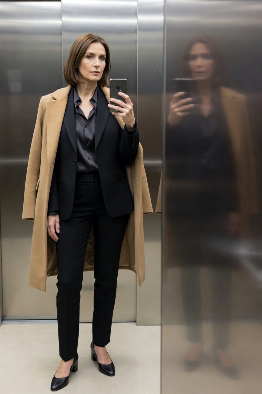 Woman in elevator taking selfie wearing open camel coat over black silk blouse, blazer, tailored pants, and black low-heel pumps, with mirror reflection visible