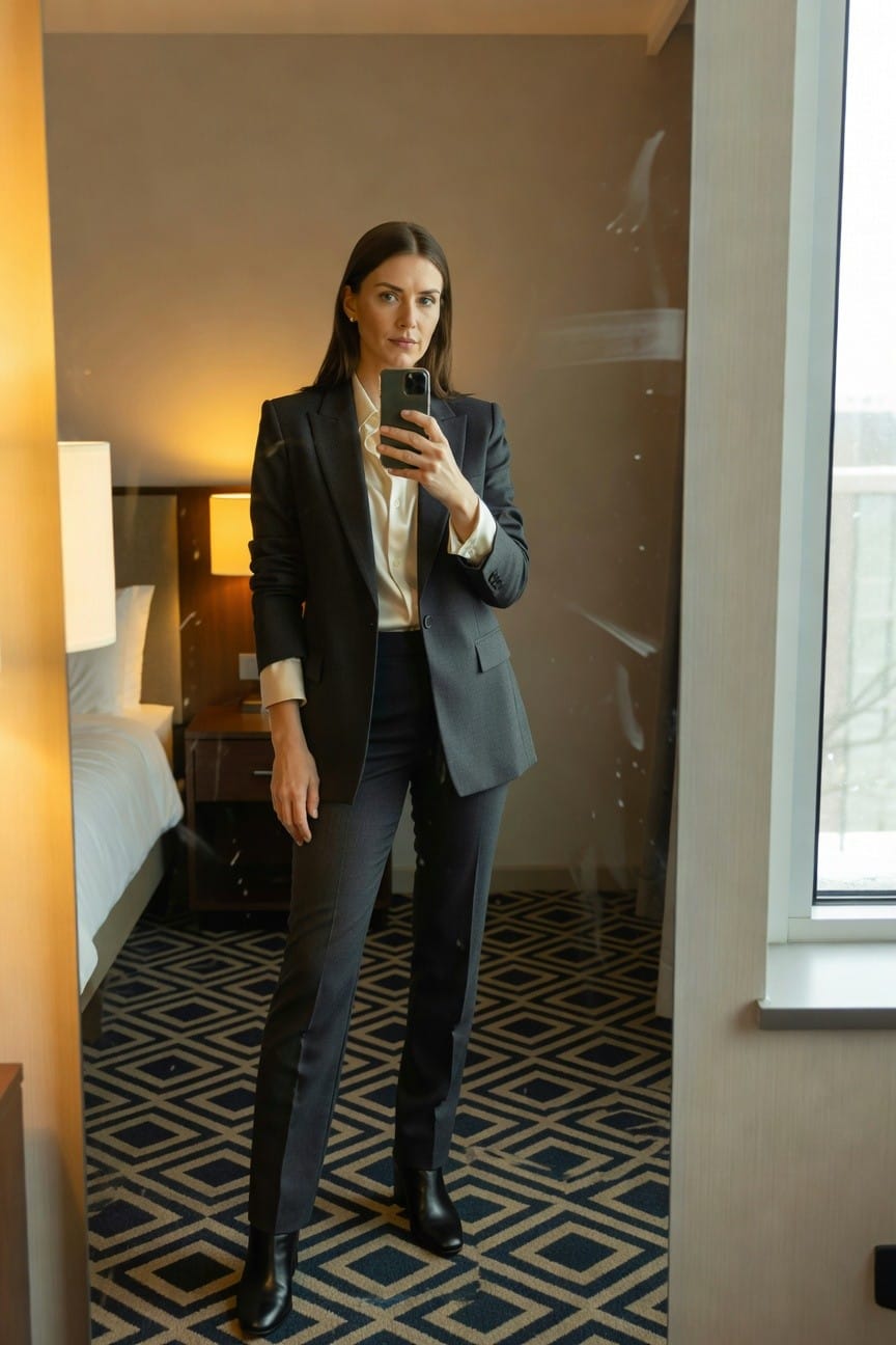 Woman taking mirror selfie in hotel room wearing tailored charcoal gray blazer and matching straight-leg trousers over white button-up blouse with black heeled ankle boots, professional interview attire
